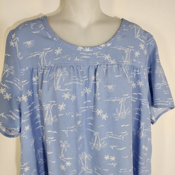Denim & Co Womens Scenic Print Short Sleeve Crew Neck Blouse Large Blue Haze - Picture 3 of 9